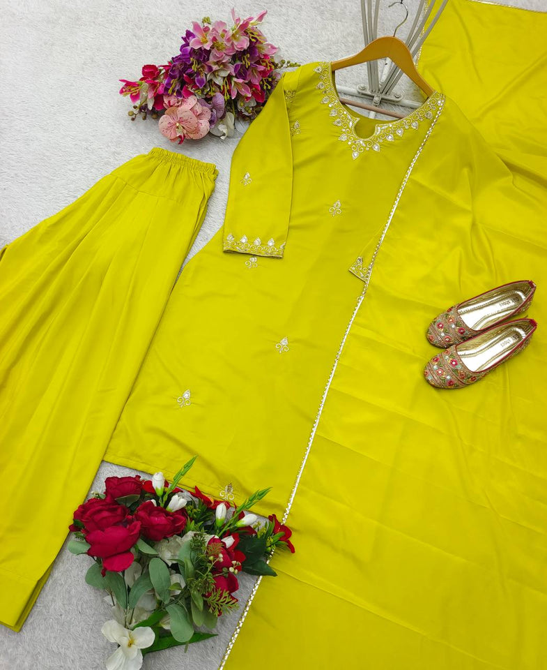 Presenting New Pure Natural Crep Satin Top&Farshi&Dupatta Set Fully Stitched Ready To Wear