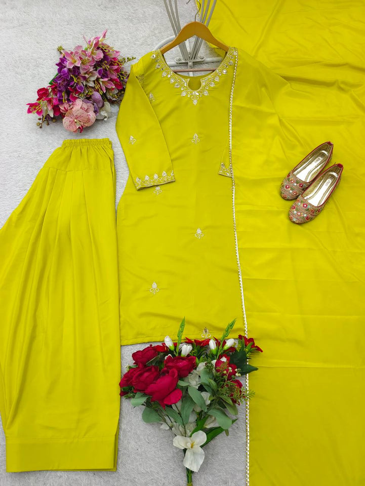 Presenting New Pure Natural Crep Satin Top&Farshi&Dupatta Set Fully Stitched Ready To Wear