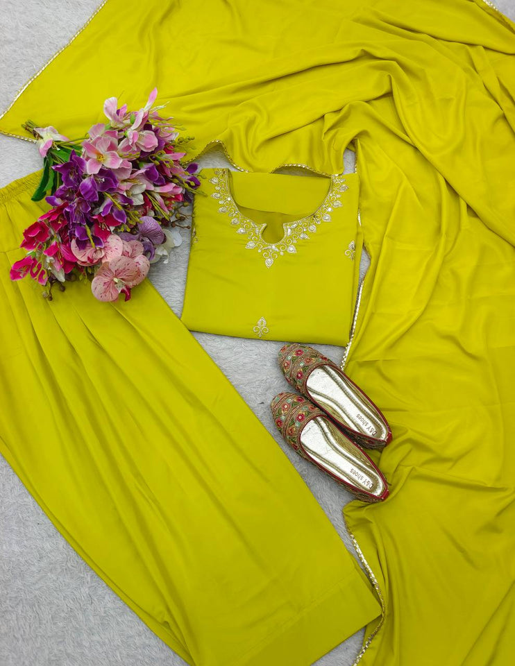 Presenting New Pure Natural Crep Satin Top&Farshi&Dupatta Set Fully Stitched Ready To Wear