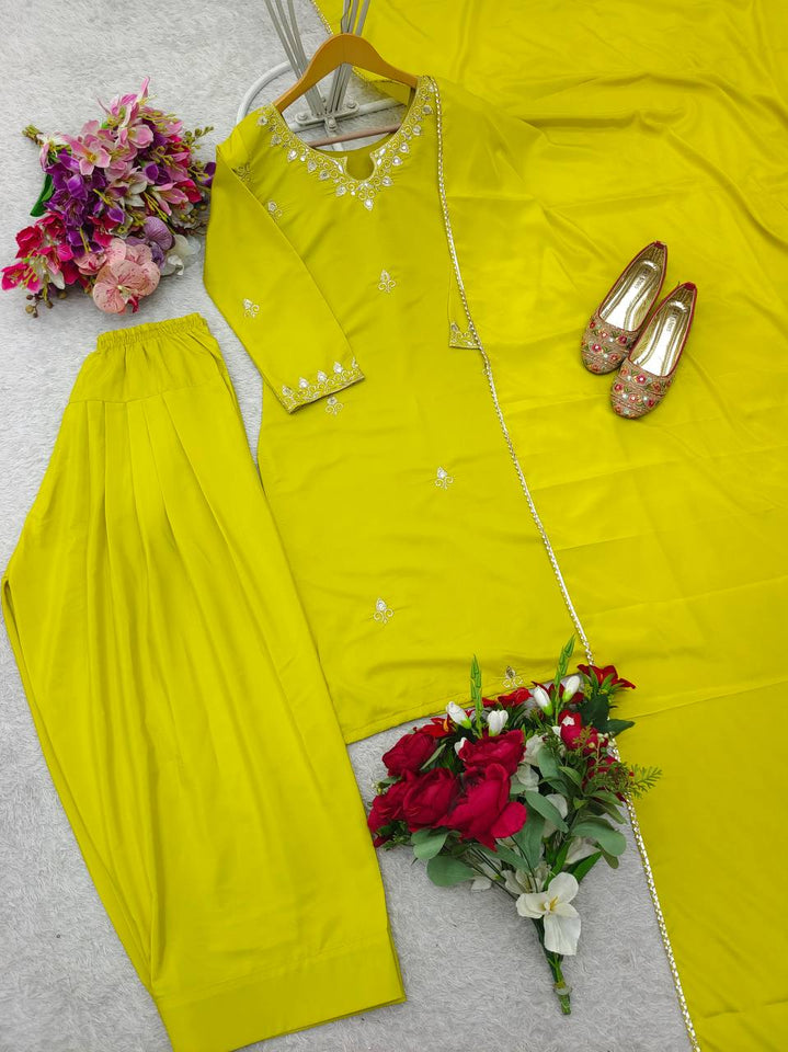 Presenting New Pure Natural Crep Satin Top&Farshi&Dupatta Set Fully Stitched Ready To Wear