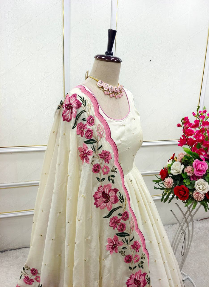 Presenting New Collection Heavy Pure Cinon Silk Gown -Pent  Dupatta Set Fully Stitched Ready To Wear
