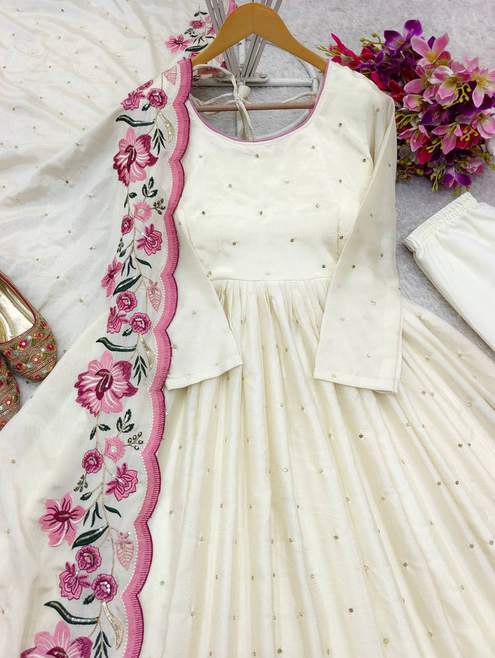 Presenting New Collection Heavy Pure Cinon Silk Gown -Pent  Dupatta Set Fully Stitched Ready To Wear