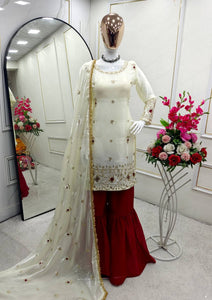 Presenting New Pure Fendy Silk Top-Sarara and Dupatta Set Fully Stitched Ready To Wear