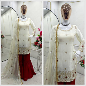 Presenting New Pure Fendy Silk Top-Sarara and Dupatta Set Fully Stitched Ready To Wear