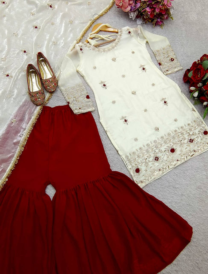 Presenting New Pure Fendy Silk Top-Sarara and Dupatta Set Fully Stitched Ready To Wear