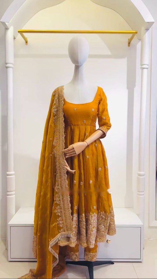Presenting New Collection Heavy Pure Zimmy-Cho Silk Gown -Pent  Dupatta Set Fully Stitched Ready To Wear