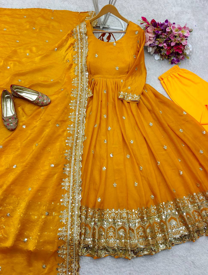 Presenting New Collection Heavy Pure Zimmy-Cho Silk Gown -Pent  Dupatta Set Fully Stitched Ready To Wear