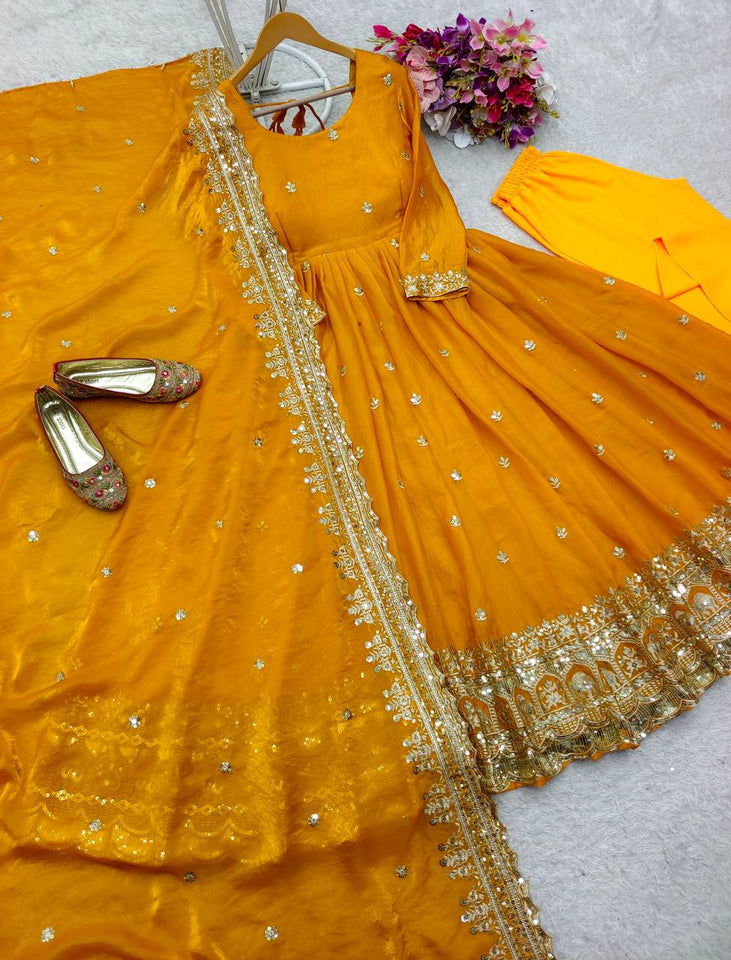 Presenting New Collection Heavy Pure Zimmy-Cho Silk Gown -Pent  Dupatta Set Fully Stitched Ready To Wear