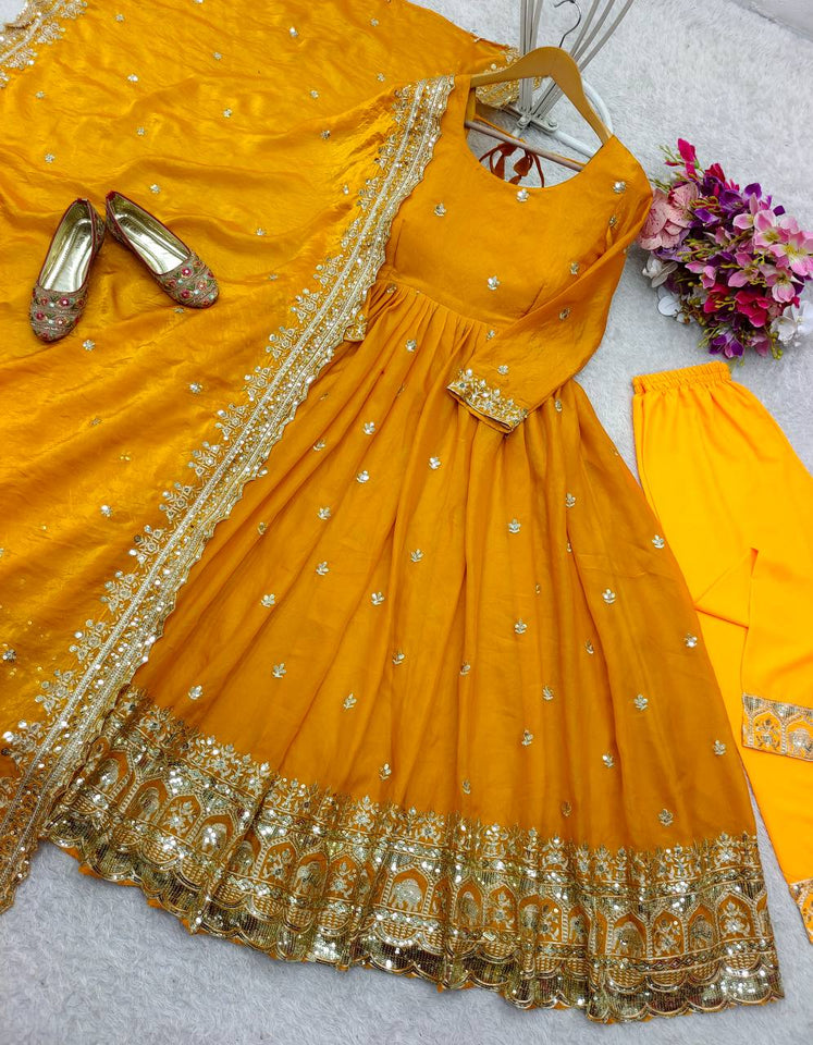 Presenting New Collection Heavy Pure Zimmy-Cho Silk Gown -Pent  Dupatta Set Fully Stitched Ready To Wear