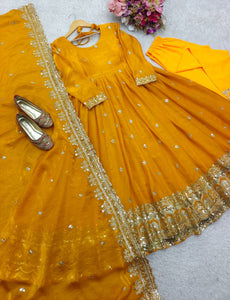 Presenting New Collection Heavy Pure Zimmy-Cho Silk Gown -Pent  Dupatta Set Fully Stitched Ready To Wear