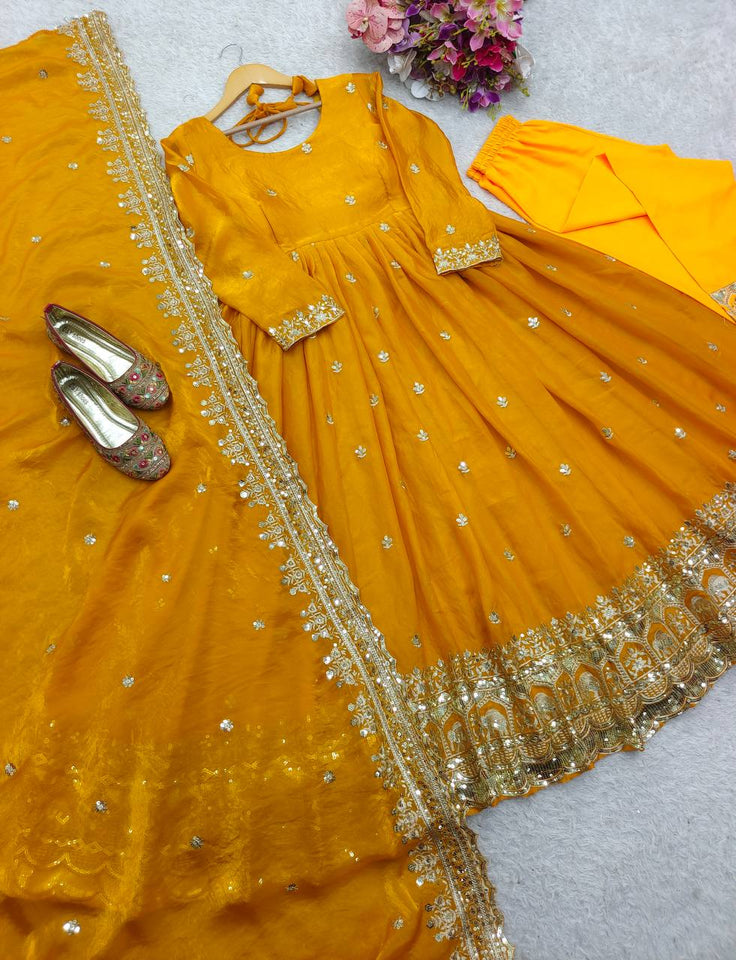 Presenting New Collection Heavy Pure Zimmy-Cho Silk Gown -Pent  Dupatta Set Fully Stitched Ready To Wear