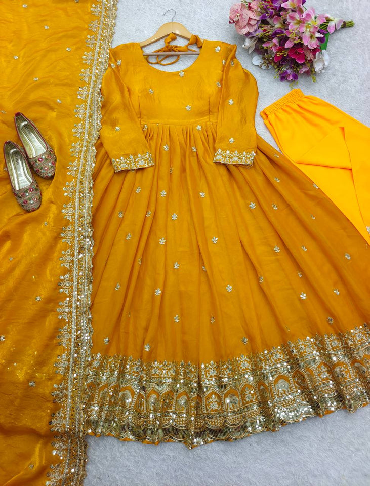 Presenting New Collection Heavy Pure Zimmy-Cho Silk Gown -Pent  Dupatta Set Fully Stitched Ready To Wear