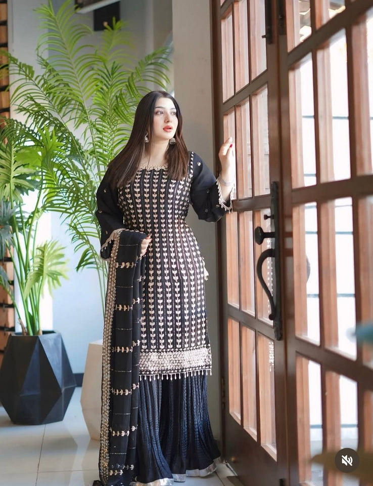 Presenting New Fox Georgette Top-Sarara and Dupatta Set Fully Stitched Ready To Wear