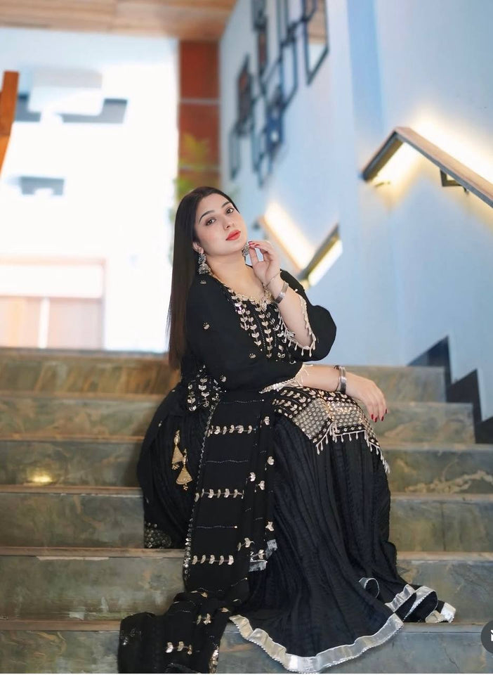 Presenting New Fox Georgette Top-Sarara and Dupatta Set Fully Stitched Ready To Wear