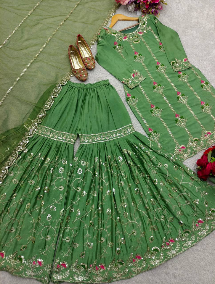 Presenting New Cinon- Top-Sarara and Dupatta Set Fully Stitched Ready To Wear