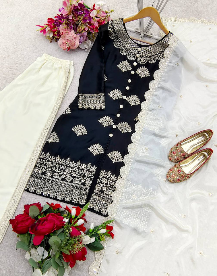 Presenting New Cinon Silk Top-Plazzo and Dupatta Set Fully Stitched Ready To Wear