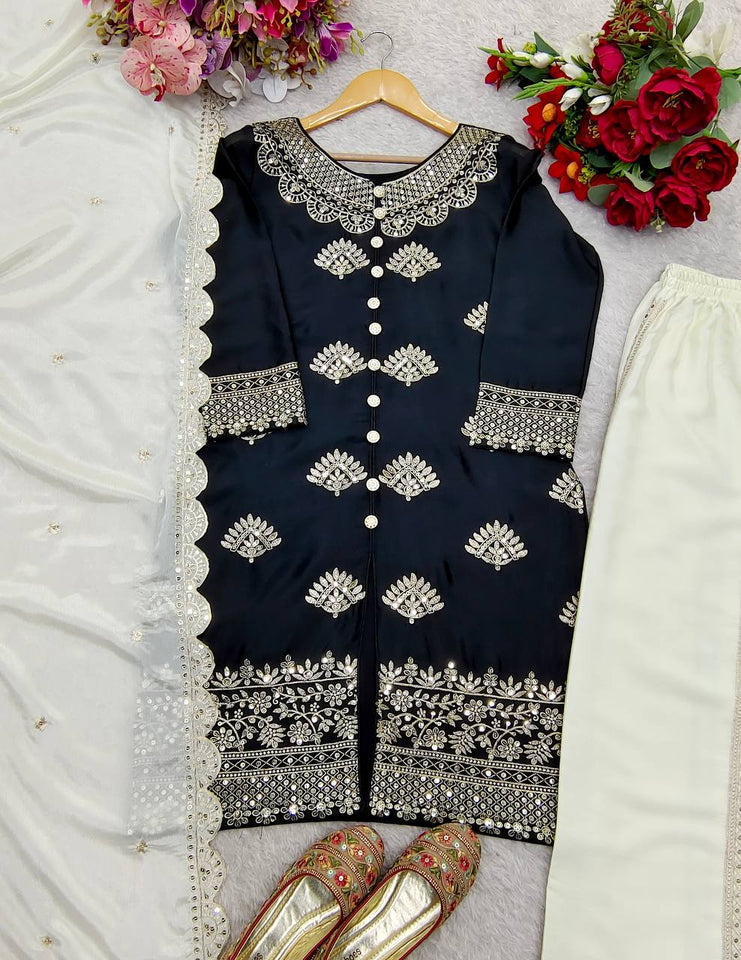 Presenting New Cinon Silk Top-Plazzo and Dupatta Set Fully Stitched Ready To Wear