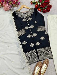 Presenting New Cinon Silk Top-Plazzo and Dupatta Set Fully Stitched Ready To Wear