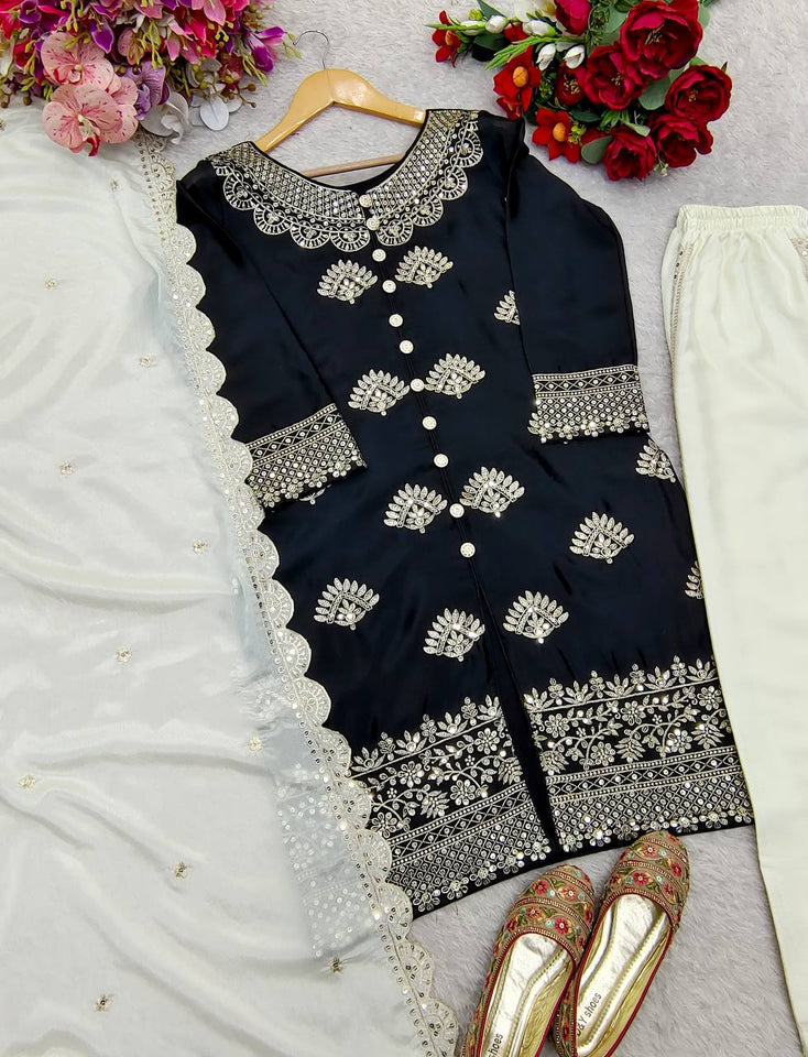 Presenting New Cinon Silk Top-Plazzo and Dupatta Set Fully Stitched Ready To Wear
