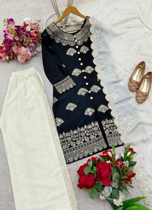 Presenting New Cinon Silk Top-Plazzo and Dupatta Set Fully Stitched Ready To Wear