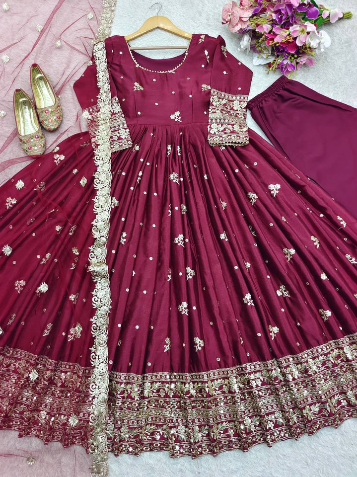 Presenting New Collection Heavy Chinon Silk Gown -Pent  Dupatta Set Fully Stitched Ready To Wear
