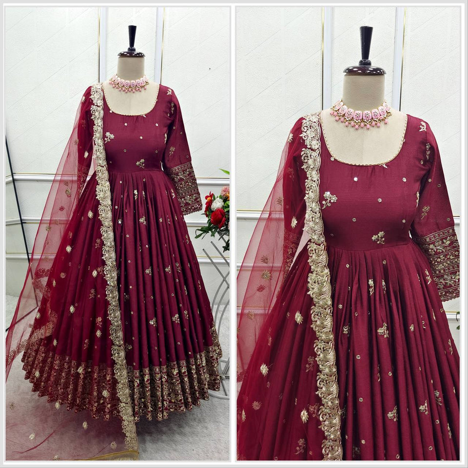 Presenting New Collection Heavy Chinon Silk Gown -Pent  Dupatta Set Fully Stitched Ready To Wear