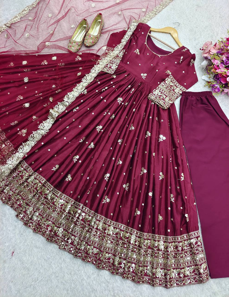 Presenting New Collection Heavy Chinon Silk Gown -Pent  Dupatta Set Fully Stitched Ready To Wear
