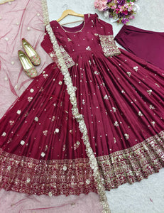 Presenting New Collection Heavy Chinon Silk Gown -Pent  Dupatta Set Fully Stitched Ready To Wear