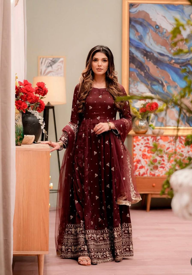 Presenting New Collection Heavy Chinon Silk Gown -Pent  Dupatta Set Fully Stitched Ready To Wear