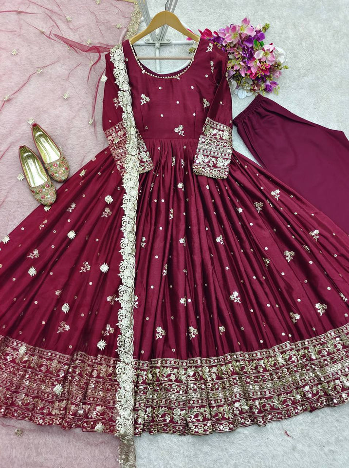 Presenting New Collection Heavy Chinon Silk Gown -Pent  Dupatta Set Fully Stitched Ready To Wear