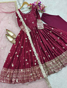 Presenting New Collection Heavy Chinon Silk Gown -Pent  Dupatta Set Fully Stitched Ready To Wear