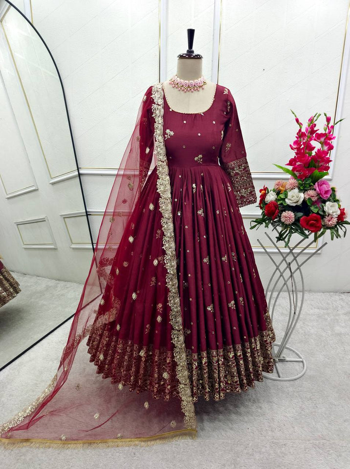 Presenting New Collection Heavy Chinon Silk Gown -Pent  Dupatta Set Fully Stitched Ready To Wear
