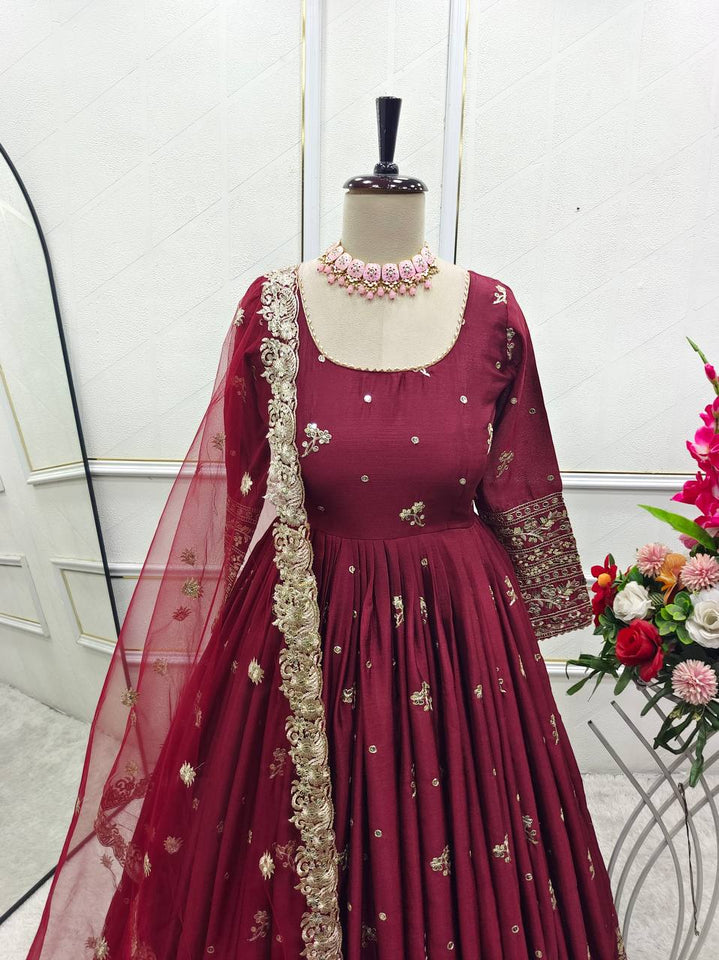Presenting New Collection Heavy Chinon Silk Gown -Pent  Dupatta Set Fully Stitched Ready To Wear
