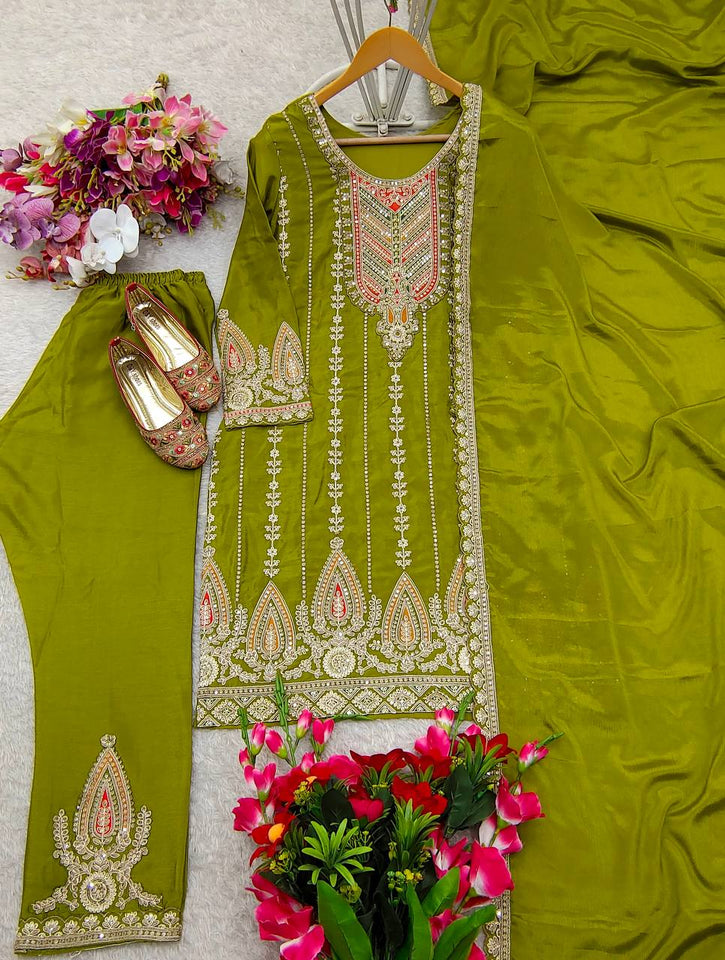 Presenting New Cinon Top-Pent and Dupatta Set Fully Stitched Ready To Wear