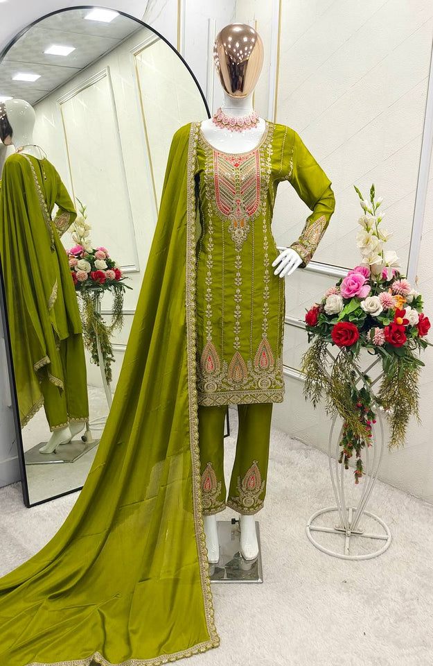 Presenting New Cinon Top-Pent and Dupatta Set Fully Stitched Ready To Wear