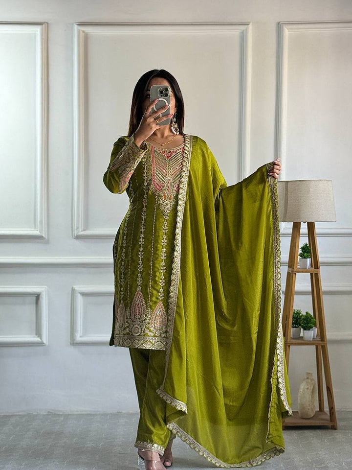 Presenting New Cinon Top-Pent and Dupatta Set Fully Stitched Ready To Wear