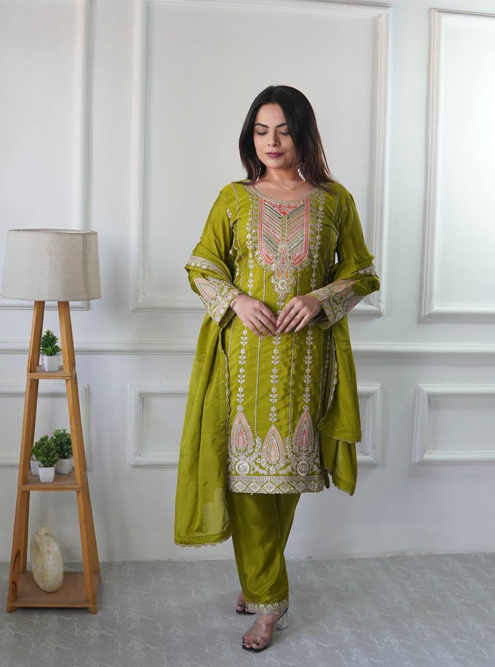 Presenting New Cinon Top-Pent and Dupatta Set Fully Stitched Ready To Wear