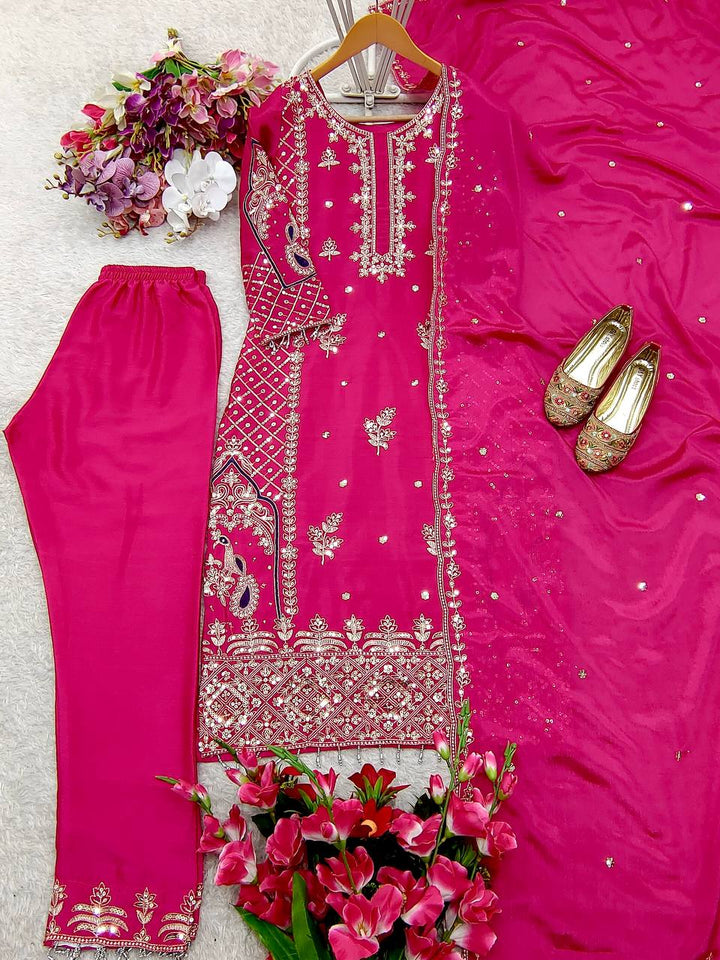 Presenting New Cinon Top-Pent and Dupatta Set Fully Stitched Ready To Wear