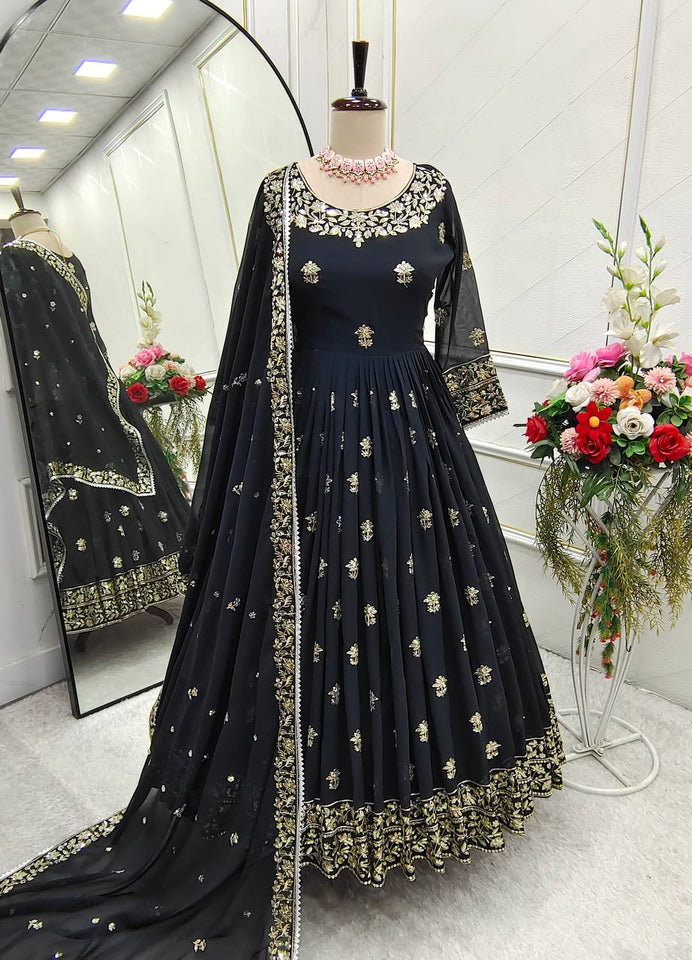 Presenting New Collection Heavy Fox Georgett Gown -Pent  Dupatta Set Fully Stitched Ready To Wea