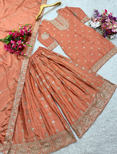 Presenting New Cinon Top-Sarara and Dupatta Set Fully Stitched Ready To Wear