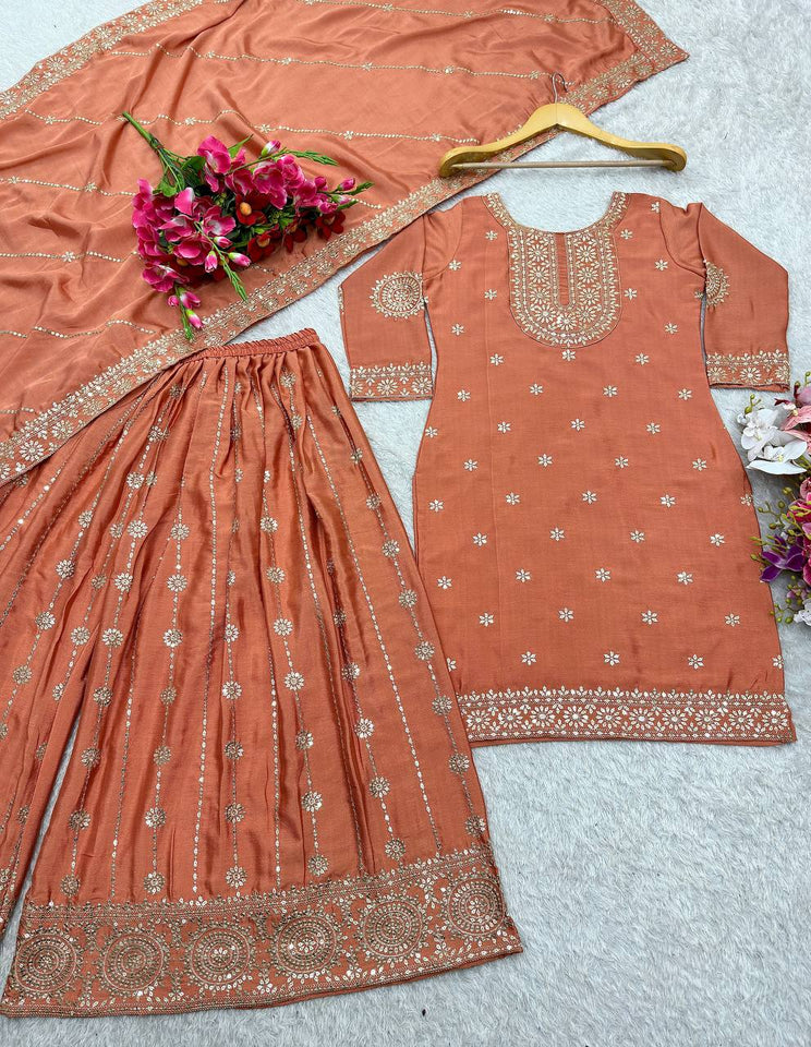 Presenting New Cinon Top-Sarara and Dupatta Set Fully Stitched Ready To Wear