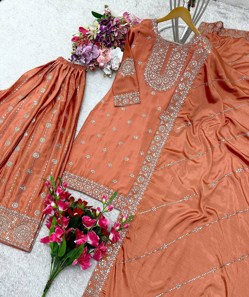 Presenting New Cinon Top-Sarara and Dupatta Set Fully Stitched Ready To Wear