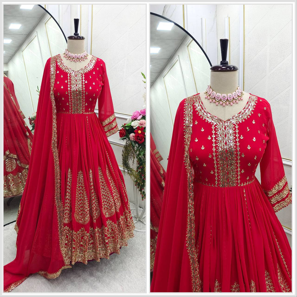 Presenting New  Pure Fox Georgette Gwon Pent and Dupatta Set Fully Stitched Ready To Wear