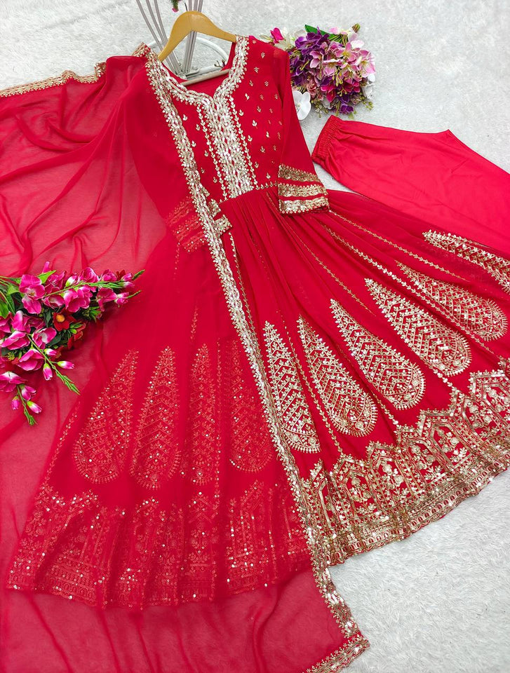 Presenting New  Pure Fox Georgette Gwon Pent and Dupatta Set Fully Stitched Ready To Wear