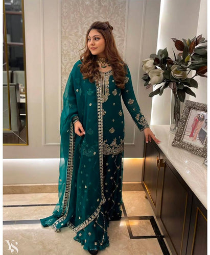 Presenting New  Pure Fox Georgette Top-Sarara and Dupatta Set Fully Stitched Ready To Wear
