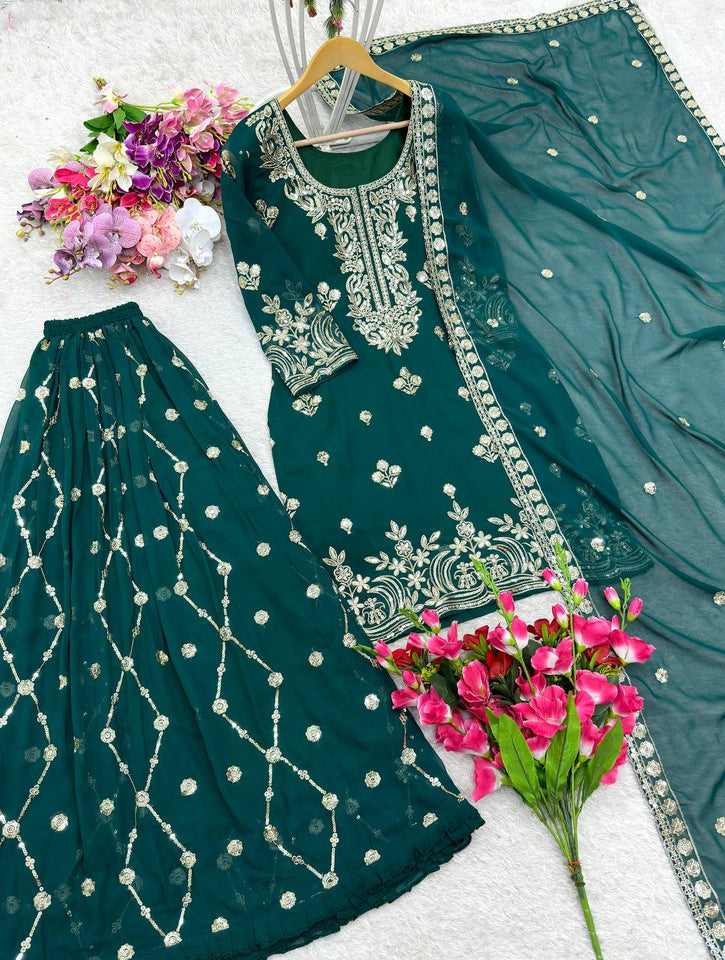 Presenting New  Pure Fox Georgette Top-Sarara and Dupatta Set Fully Stitched Ready To Wear