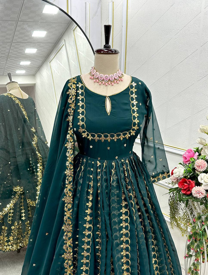 Presenting New  Pure Fox Georgette Gwon Pent and Dupatta Set Fully Stitched Ready To Wear