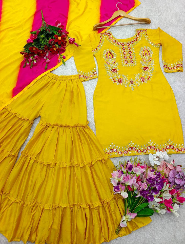 Presenting New Collection Pure Cinon Top-Sarara and Dupatta Set Fully Stitched Ready To Wear 🔥😍🥰*