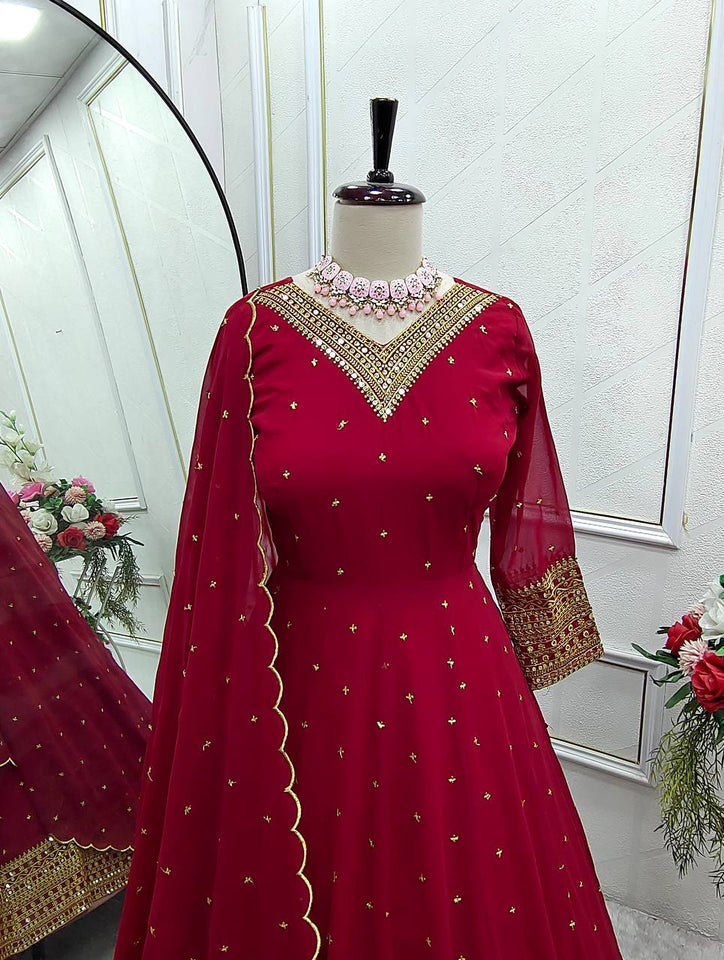 Presenting New  Fox Gown -Pent  Dupatta Set Fully Stitched Ready To Wear