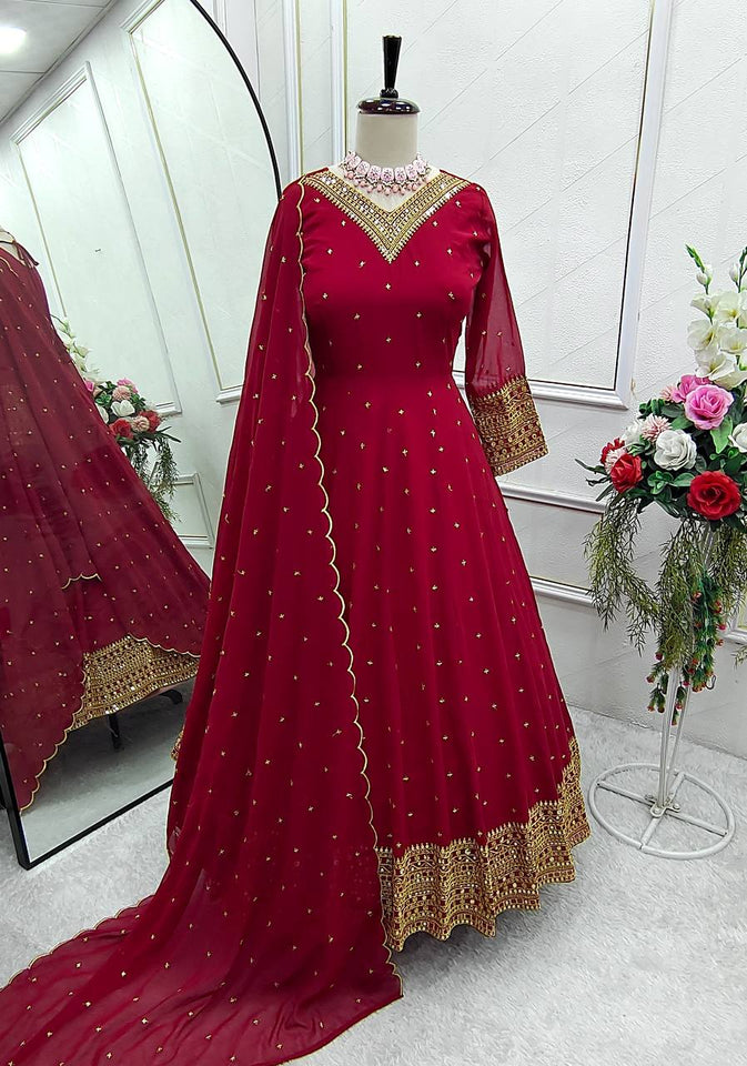 Presenting New  Fox Gown -Pent  Dupatta Set Fully Stitched Ready To Wear